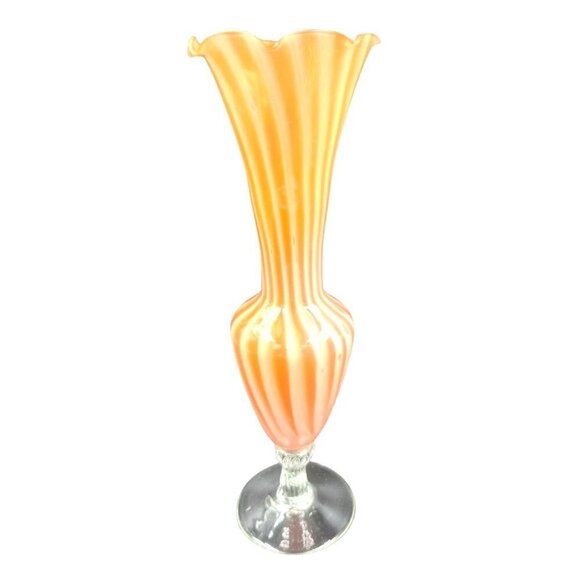 Vintage 8" Bud Vase Orange & White Swirl With Ruffled Edge Stemmed Styled base - Picture 1 of 8